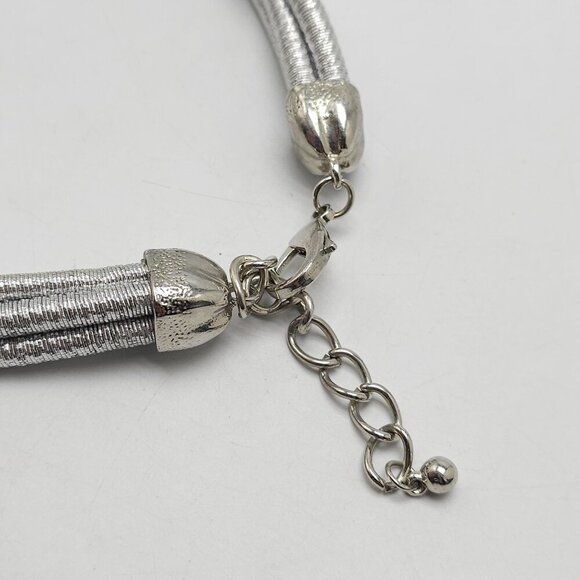 Silver Layered Choker Necklace With Round Textured Pendant Adjustable Chain - Picture 4 of 6